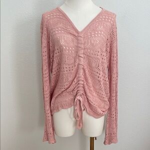 Adorable Pink Lace Adjustable Gathered Sweater Women's M Bell Sleeves